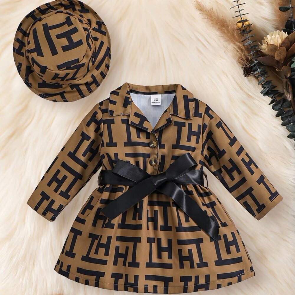Baby / Toddler Black and Brown Printed Dress with Hat “NEW” 9 - 18 mos.